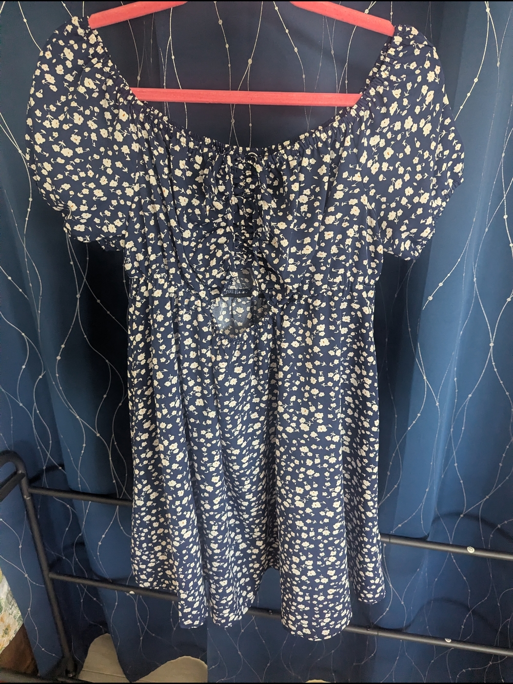 SHEIN Navy Floral Puff Sleeve Mini Dress with Cream Blossoms